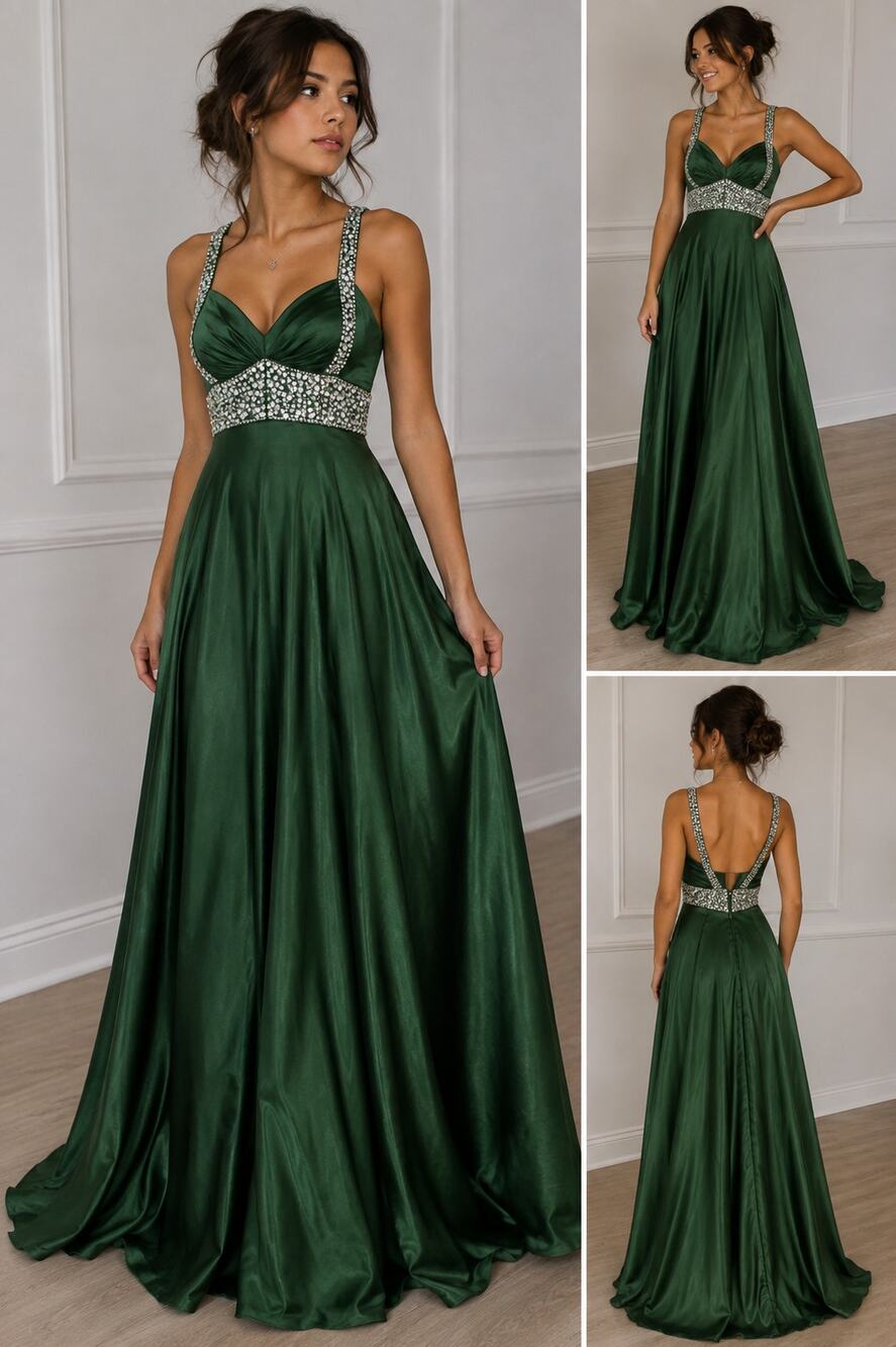 Emerald Green Rhinestone Beaded Formal Prom Gown Evening Dress Full Length